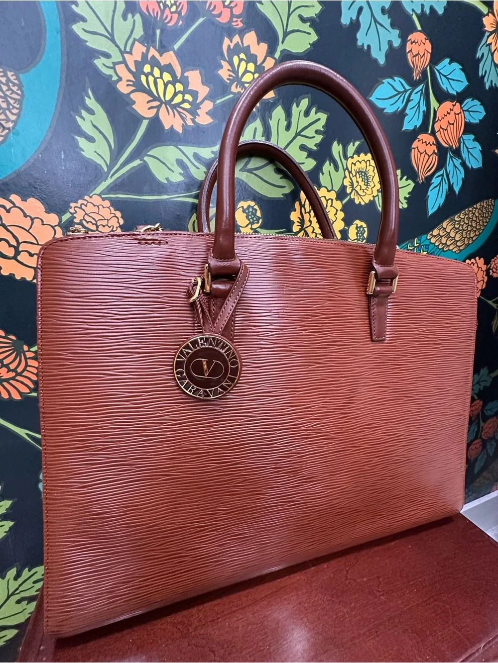 Valentino Garavani Chestnut Brown Textured Leather Laptop Tote